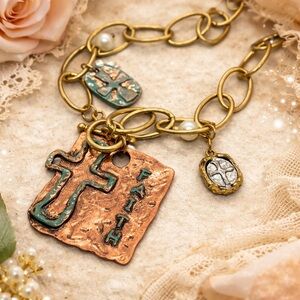 Crave Chunky Faith Chain Necklace in Gold and Copper Color With Teal Accents